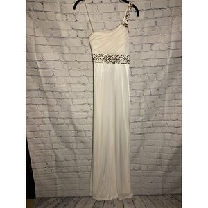 Sequin Hearts Long Formal Dress Size 5 White One Shoulder Beaded Trim Open Back